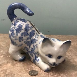 Blue and White Cat Figurine Coin Bank